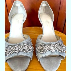Rhinestone embellished silver leather heels perfect Bride shoes